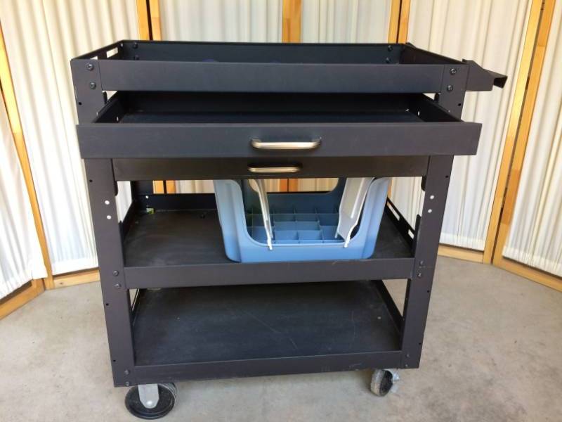 lot 26 image: Heavy Duty Black Metal Storage Cart Multiple Drawers and 3 Storage Shelves - Wheeled - Needs Shelves to Be Screwed Back Into Place - Step Stool Not Included 