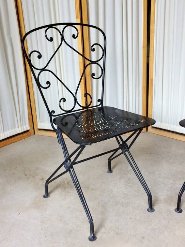 lot 11 image: 2 Lovely Vintage Chairs Heavy Ornate Black Wrought Iron Folding Patio Lawn Bistro Art Deco Seats - Looks to have been painted over a couple times- Very Sturdy 