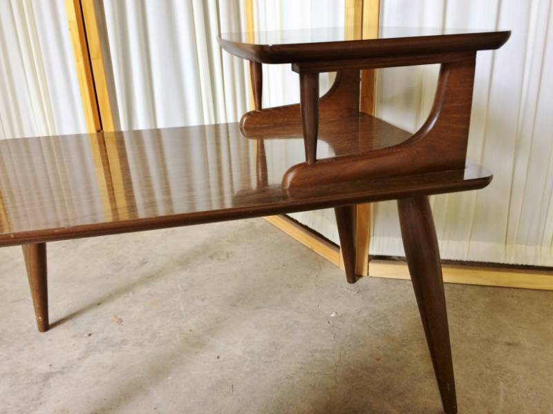 lot 18 image: #2 Mid Century Danish Modern Saber Leg 2 Tier Step End Table Laminate Top Nightstand Fantastic Condition- Minor wear To Legs - Laminate Tops Both Levels - Excellent