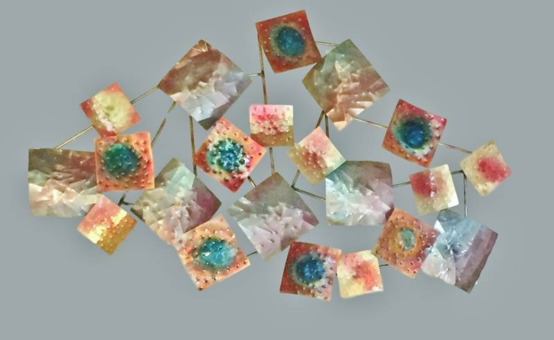 lot 2 image: Vintage Signed Curtis Jere Artisan House Brutalist Modernism Large Geometric Textured &amp Enamel Squares Abstract Wire Wall Sculpture With Metallic Hues of Blues Oranges Yellows and 1950s Cadillac Pink - Nice Condition Ready To Hang