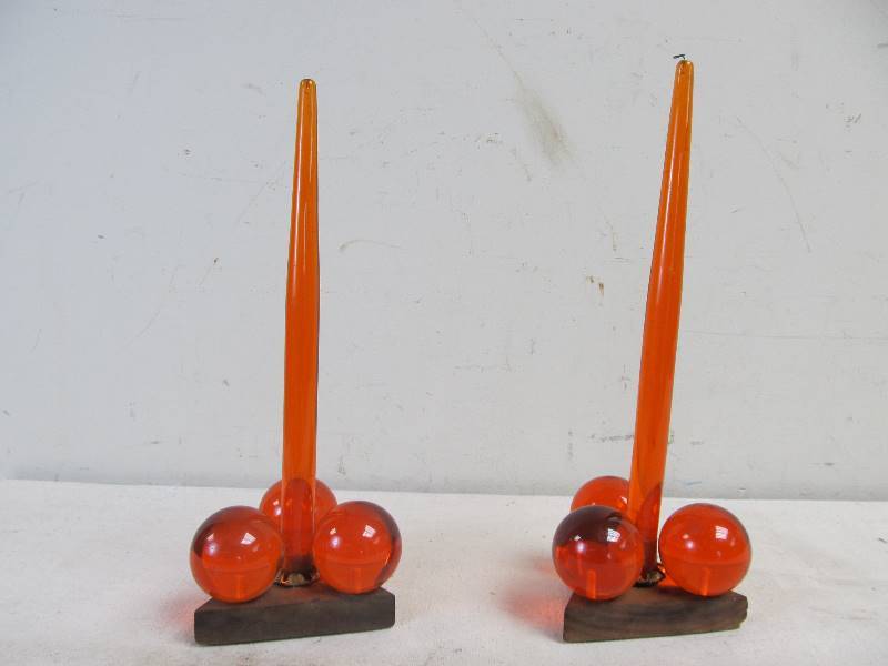 lot 31 image: Pair of Vintage Retro Orange LUCITE Candle Displays