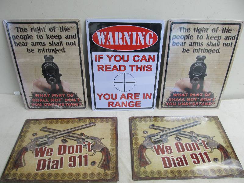 lot 56 image: Group of BRAND NEW Metal Gun Related Metal Signs