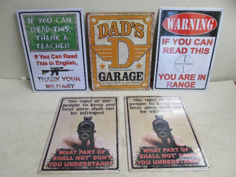 lot 57 image: Group of BRAND NEW Metal Gun Related etc Metal Signs