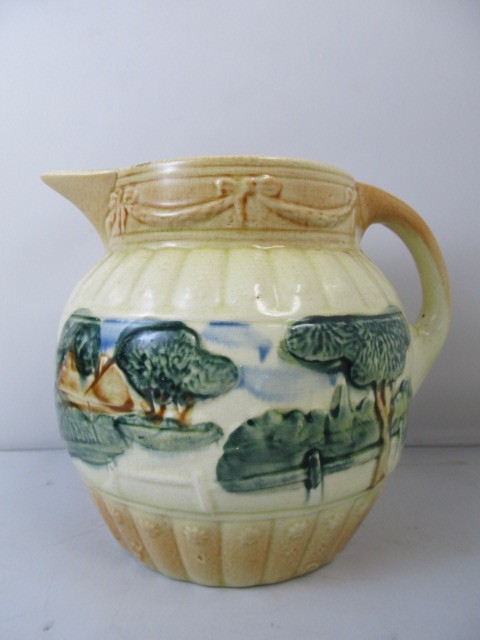 lot 75 image: Early ROSEVILLE Pottery Landscape Pitcher Pre-1916