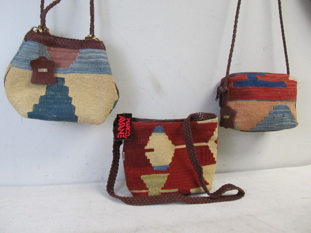 lot 79 image: Lot of 3 NEW WITH TAGS Woven KILIM Genuine Leather Bags