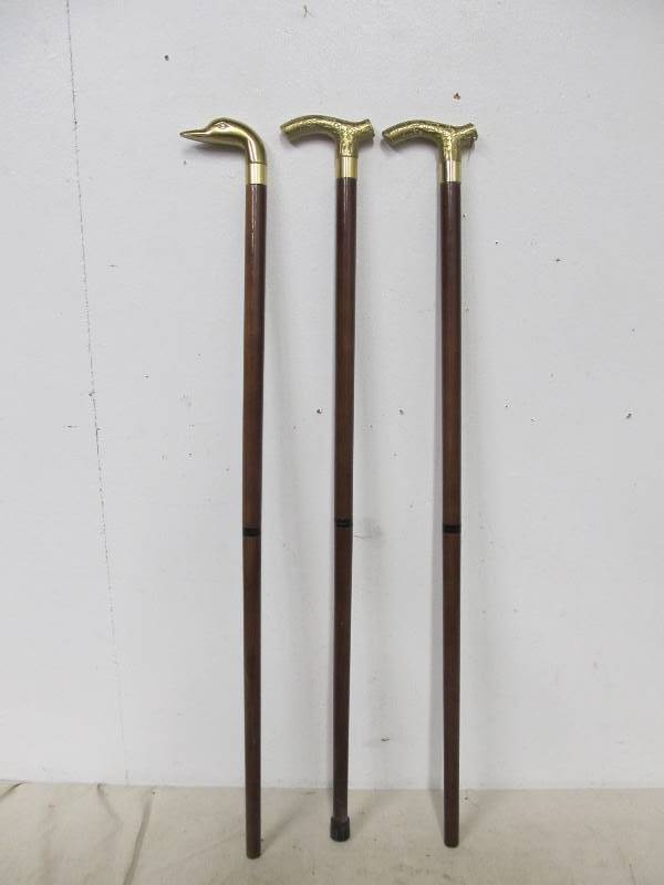 lot 159 image: 3 Brass Handle Walking Canes - Duck Head Handle