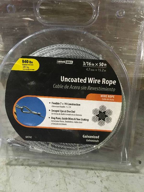 lot 22 image: Crown Bolt 316 in. x 50 ft. Galvanized Uncoated Wire Rope