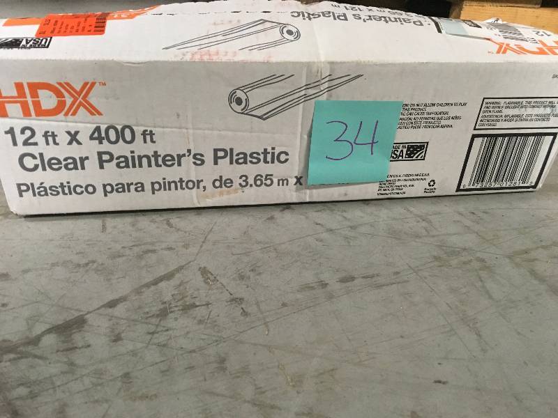 lot 34 image: HDX 12 ft X 400 ft Clear Painters Plastic  open Box