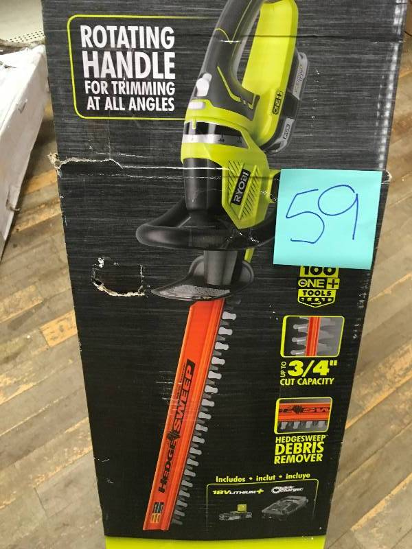 lot 59 image: Ryobi ONE Lithium 22 in. 18-Volt Lithium-Ion Cordless Hedge Trimmer - 1.5 Ah Battery and Charger Included used in working condition