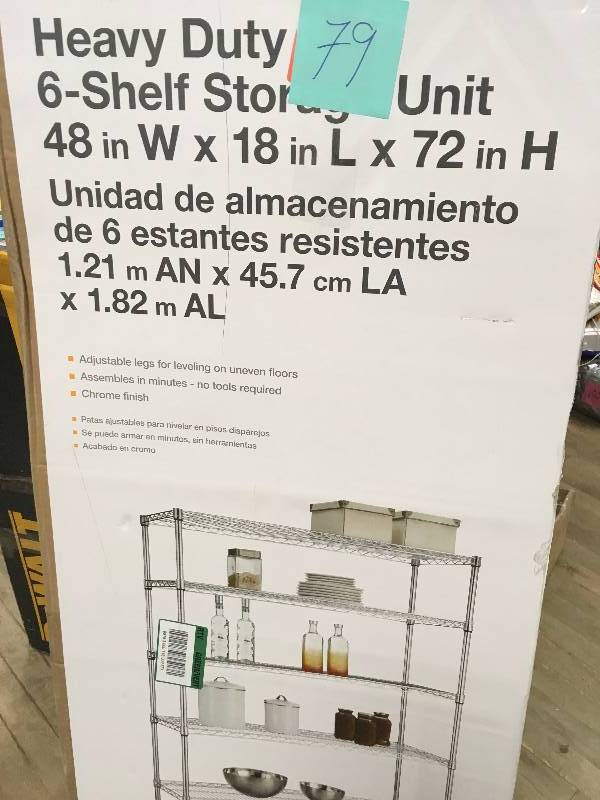 lot 79 image: HDX 48 in. W x 72 in. H x 18 in. D Decorative Wire Chrome Heavy Duty Shelving Unit in good condition