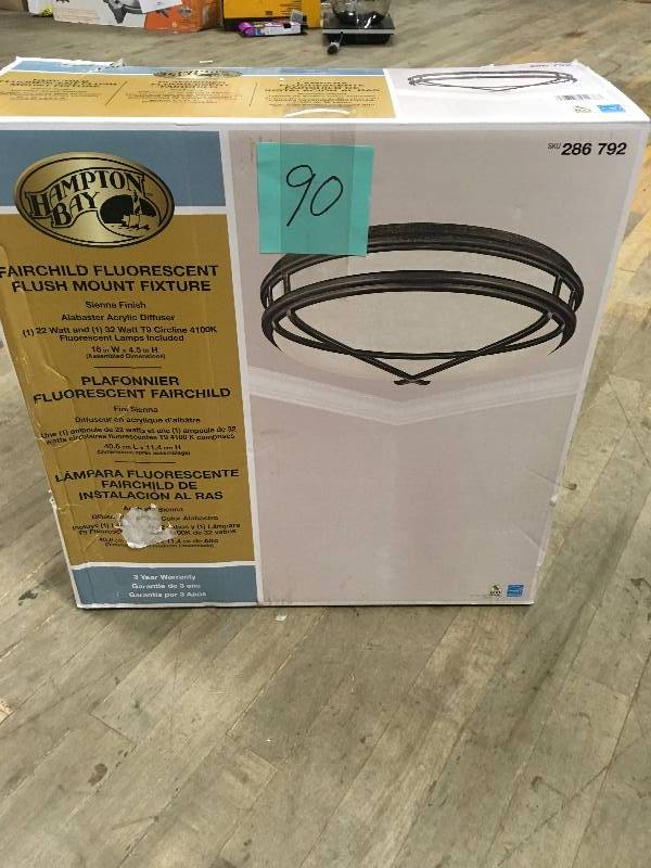 lot 90 image: Hampton Bay Fairchild Collection 2-Light Sienna Fluorescent Flushmount in good condition