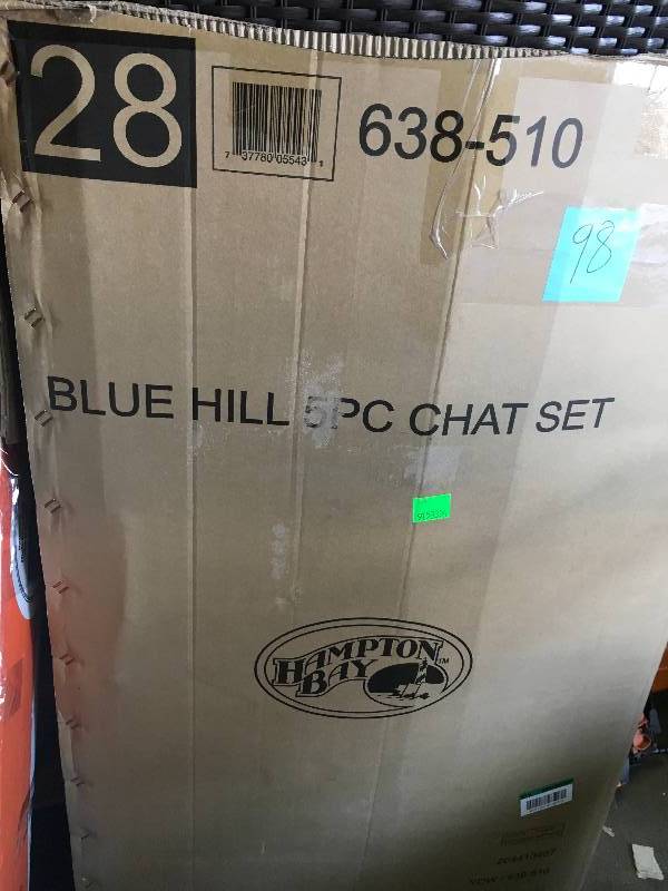 lot 98 image: Hampton Bay Dining Furniture Blue Hill 5-Piece Woven Patio Chat Set in good condition
