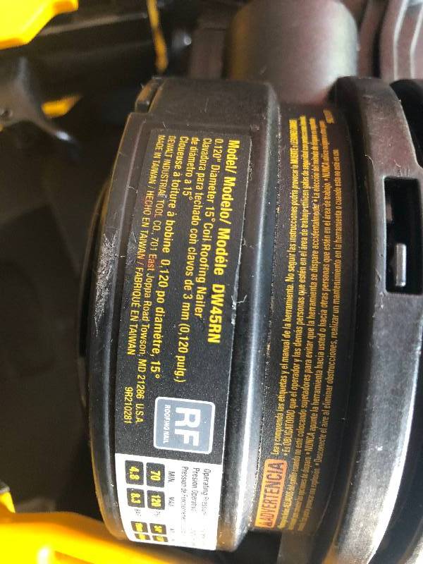 lot 107 image: DEWALT Pneumatic 15-Degree Coil Roofing Nailer