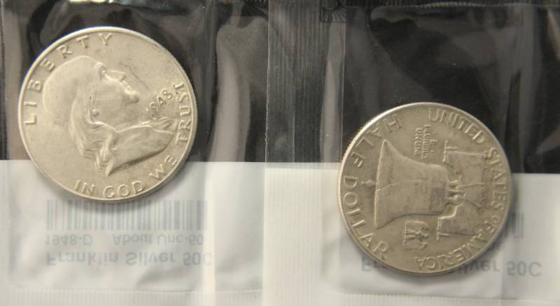 lot 15 image: 2 FRANKLIN SILVER HALF DOLLARS 1948 & 1948-D