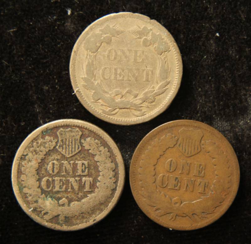 lot 19 image: (3) SMALL CENTS 1858 SL FLYING EAGLE 1863 & 1874 INDIAN HEADS