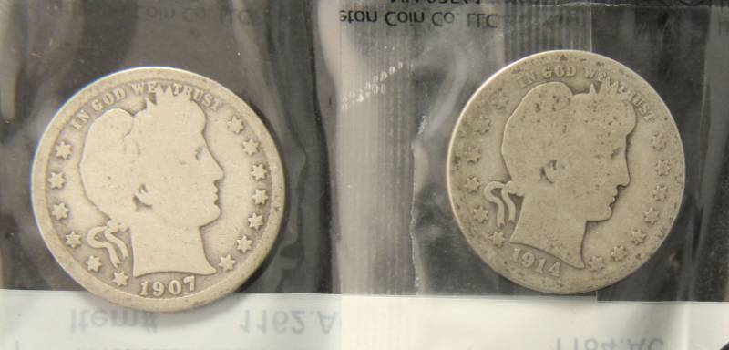 lot 32 image: (2) BARBER SILVER QUARTERS 1907 & 1914