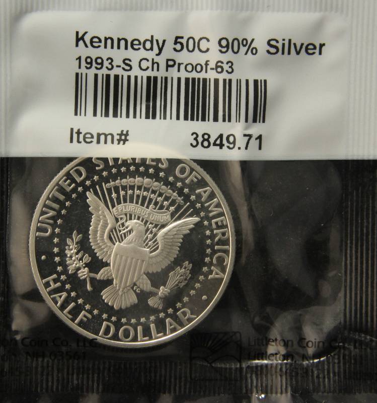 lot 37 image: 1993-S US PROOF KENNEDY SILVER HALF DOLLAR SEALED LITTLETON