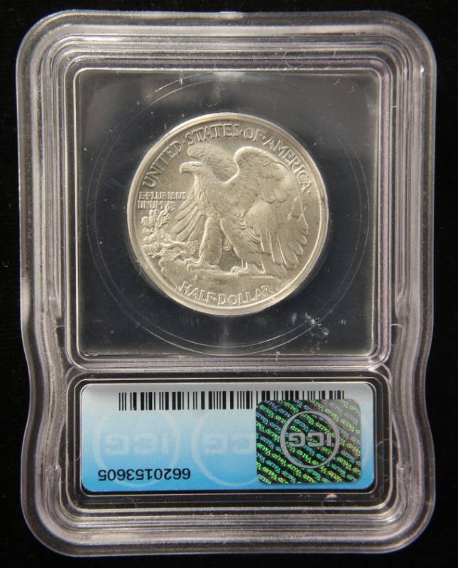lot 55 image: 1943 WALKING LIBERTY SILVER HALF MS63 ICG