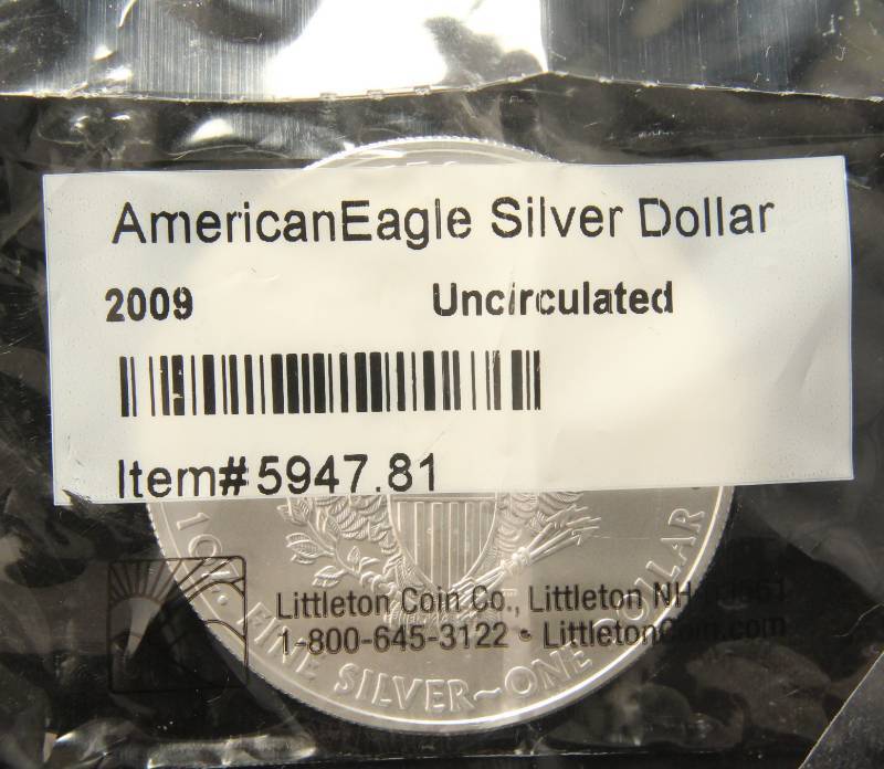 lot 57 image: 2009 AMERICAN SILVER EAGLE 1 TROY OZ. .999 FINE SILVER DOLLAR