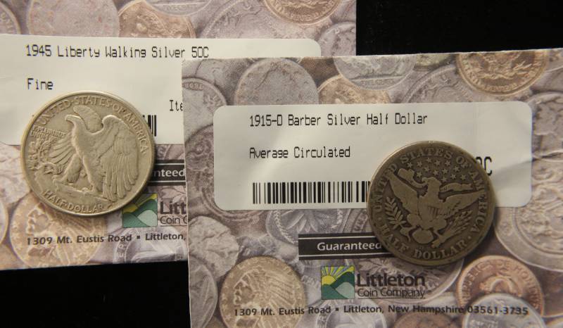 lot 71 image: (2) SILVER HALF DOLLARS 1915-D BARBER & 1945 WALKING LIBERTY