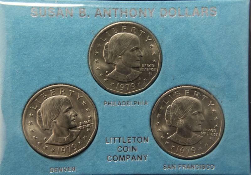lot 92 image: (3) SUSAN B. ANTHONY DOLLARS 1979 P-D-S IN LITTLETON HOLDER
