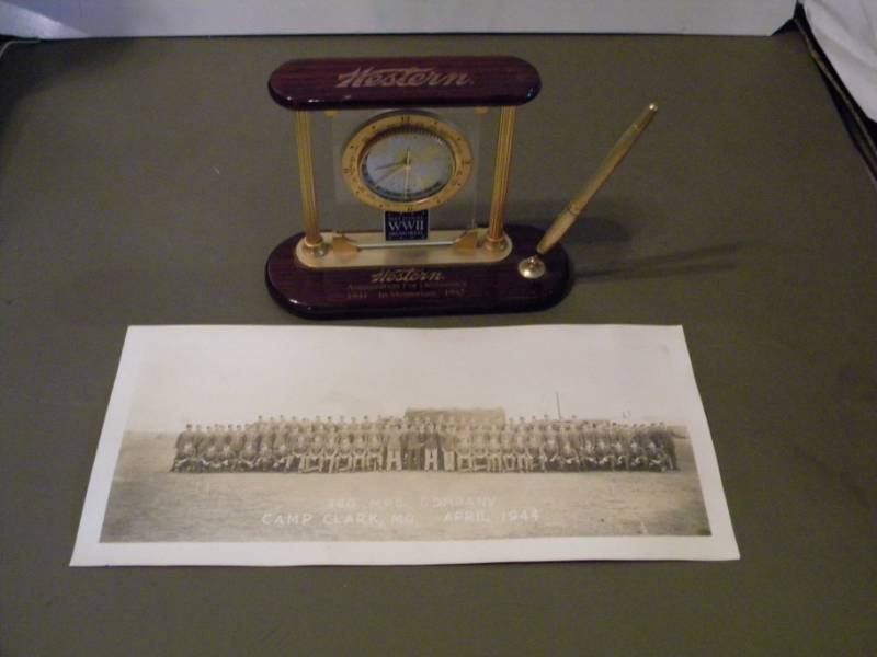 lot 71 image: Camp Clark,Mo Photo April 1944 & Western Clock and Pen Display WW2 In Memoriam
