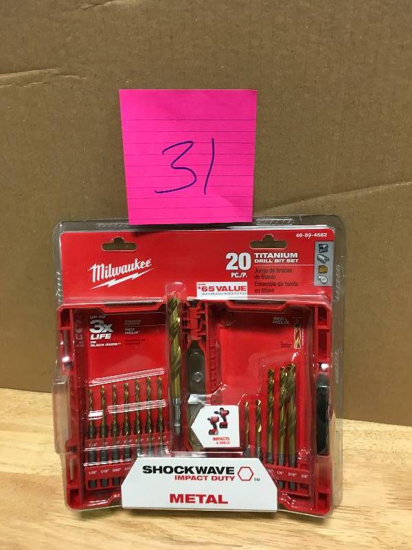 lot 31 image: Milwaukee Shockwave Titanium Red Helix Drill Bit Set (20-Piece) in good conditions