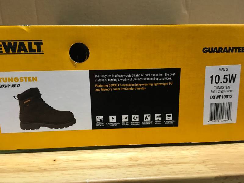 lot 55 image: Dewalt Men Dark Brown Leather Puncture Resistant Aluminum Toe Waterproof 6 in. Work Boot SIZE 10.5W New