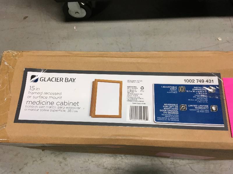 lot 59 image: Glacier Bay 15-18 in. W x 19-14 in. H Framed Recessed or Surface-Mount Bathroom Medicine Cabinet in Oak not used