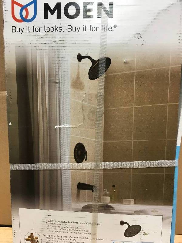 lot 64 image: MOEN Brantford Posi-Temp Rain Shower 1-Handle Shower Only Faucet Trim Kit in Oil Rubbed Bronze not used