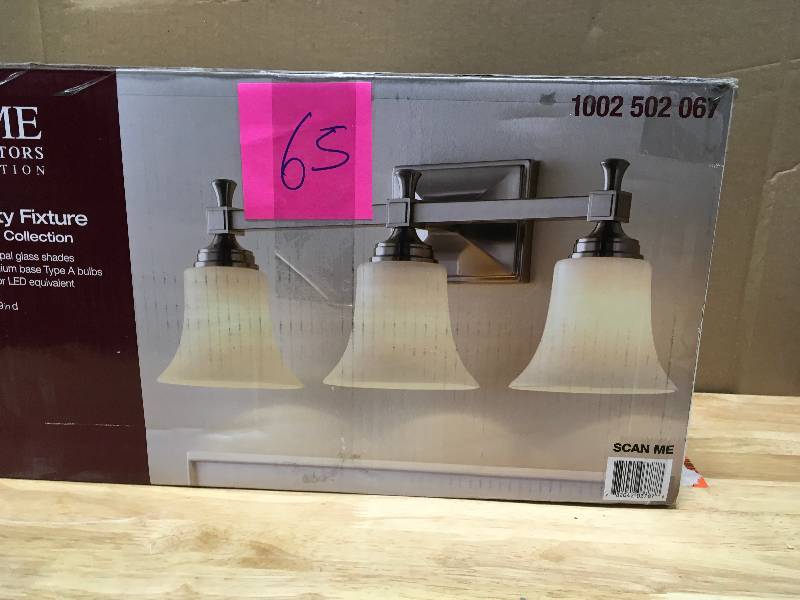lot 65 image: 3-Light Satin Nickel Bath Sconce with Opal Glass Shades in good conditions