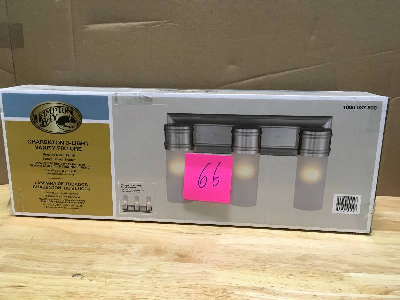 lot 66 image: 3-Light Brushed Nickel Wall Vanity Fixture New