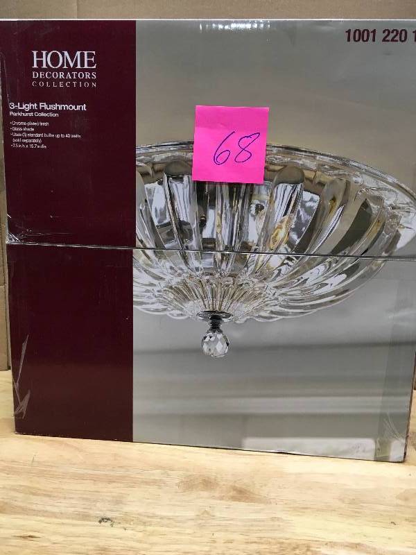 lot 68 image: Hampton Bay Vintage Collection 15.75 in. 3-Light Chrome Flushmount with Glass Shade New