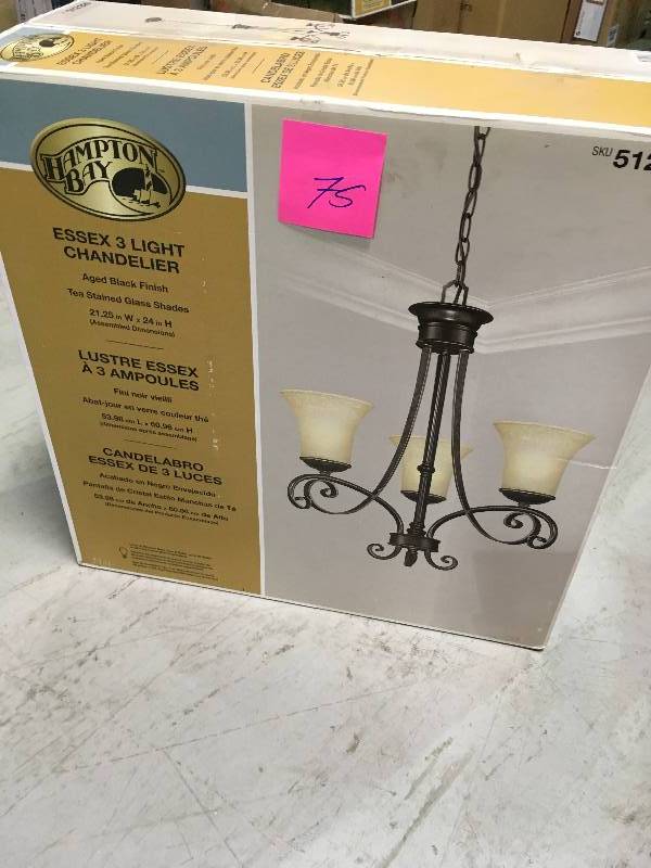 lot 75 image: Hampton Bay 14708 Essex 3-Light Aged Black Chandelier Aged Black not used