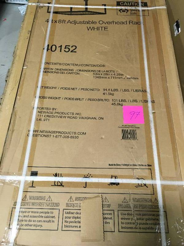 lot 97 image: Newage 40152 Ceiling Mount Garage Storage Rack 4 by 8ft White in good conditions