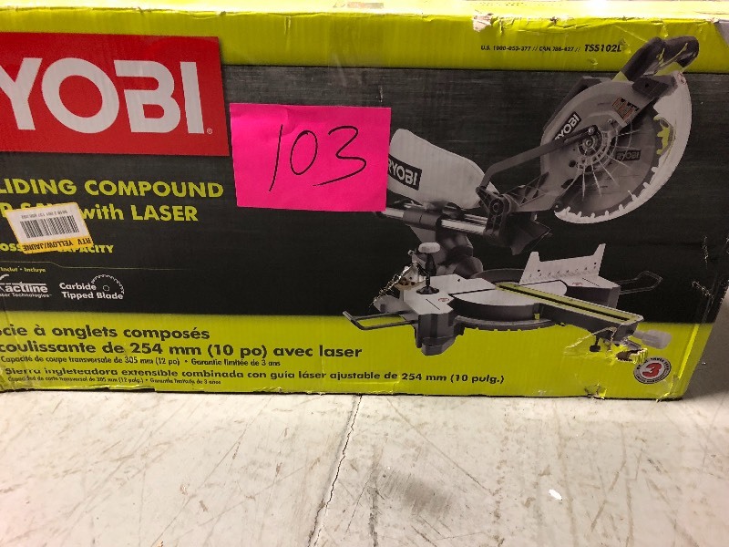 lot 103 image: Ryobi 15 Amp 10 in. Sliding Miter Saw with Laser used in good working condition