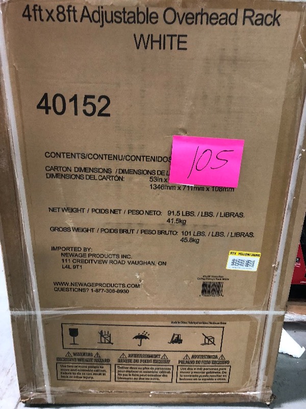 lot 105 image: New Age Performance 96 in. L x 48 in. W x 42 in. H Adjustable VersaRac Ceiling Storage Rack in White new