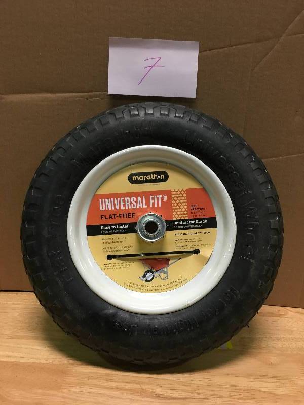 Marathon Industries Universal Fit, Flat Free Wheelbarrow Tire and Wheel Assembly with Adapter Kit in good conditions
