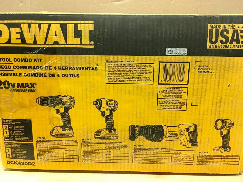 Dewalt 20-Volt MAX Lithium-Ion Cordless DrillDriver Combo Kit (4-Tool) with (2) 20-Volt Batteries 2.0Ah, Charger and Tool Bag in working conditions