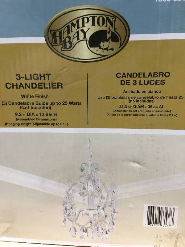 Hampton Bay  3-Light White Mini Chandelier with Crystal Drops and Crystal Bead Strands New