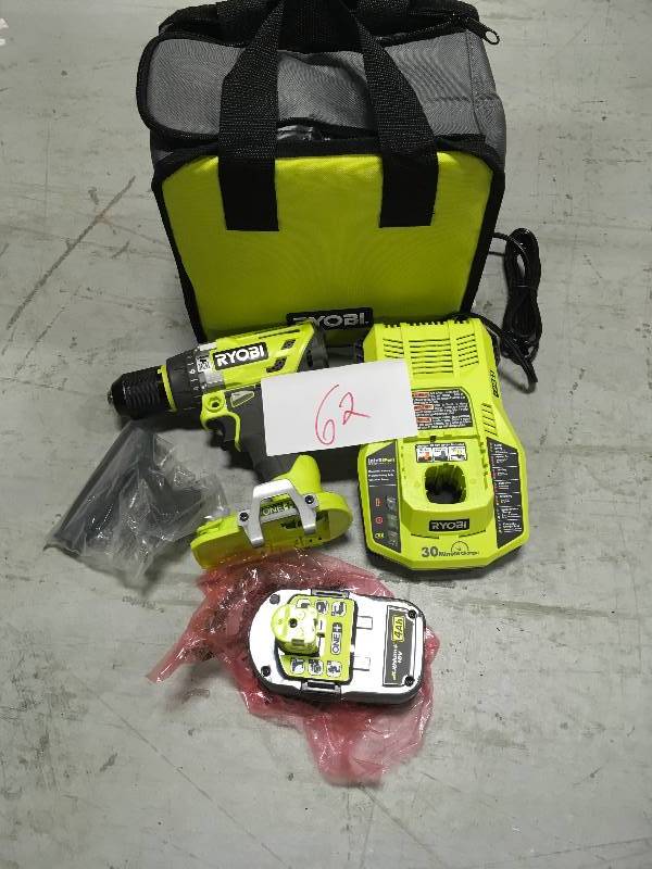 Ryobi  18-Volt ONE Cordless Brushless Hammer DrillDriver, with (1) 4.0 Ah Battery, Charger, and Bag in working conditions