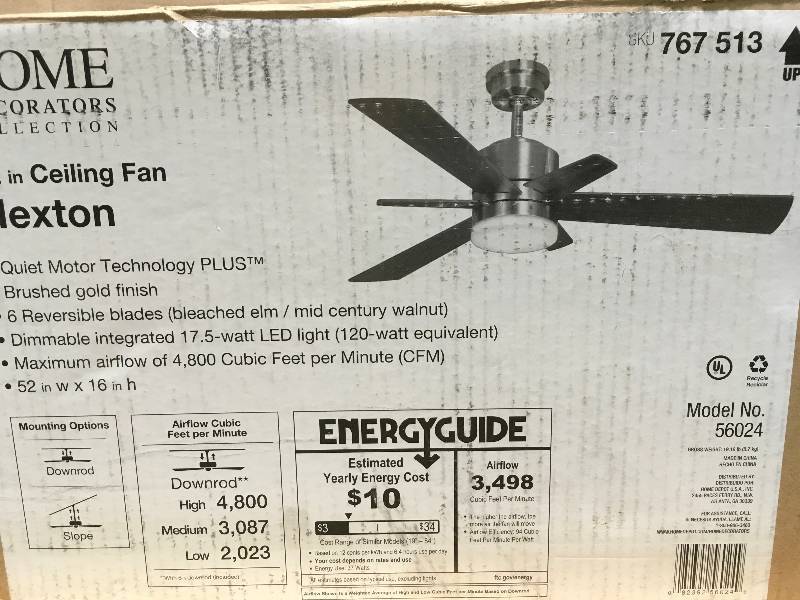 Hexton 52 in. LED Indoor Brushed Gold Ceiling Fan with Light Kit and Remote Control  in good conditions