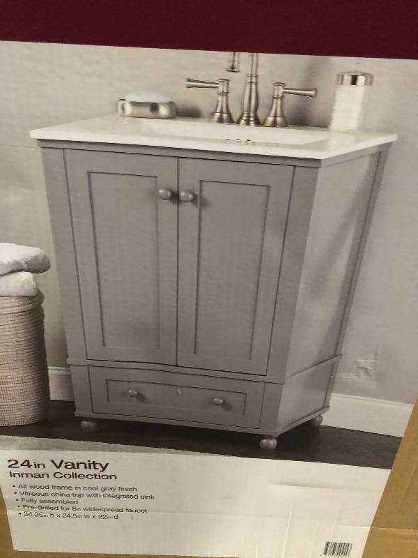Home Decorators Collection Inman 24.5 in. W x 22 in. D x 34.24 in. H Vanity in Cool Gray with Vitreous China Vanity Top in White open box not used