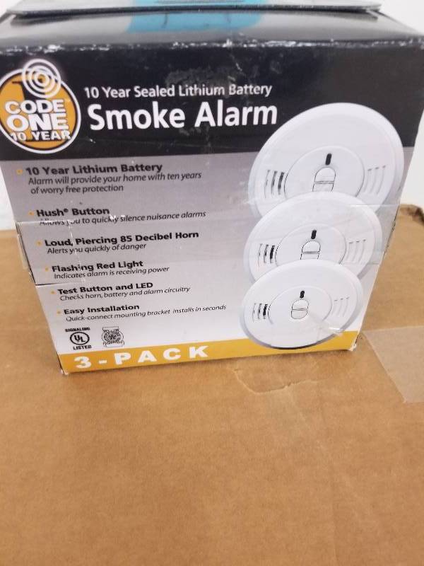lot 13 image: Smoke Detector Alarm Fire Alert 10-Year Lithium Battery Operated Kidde 3 pack not used