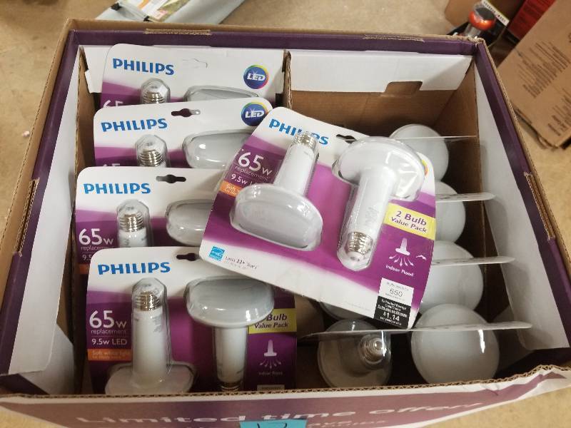 lot 17 image: Philips Slimstyle 65W LED Flood Lights, Soft White (2 Pack)  Lot of 9 packs New