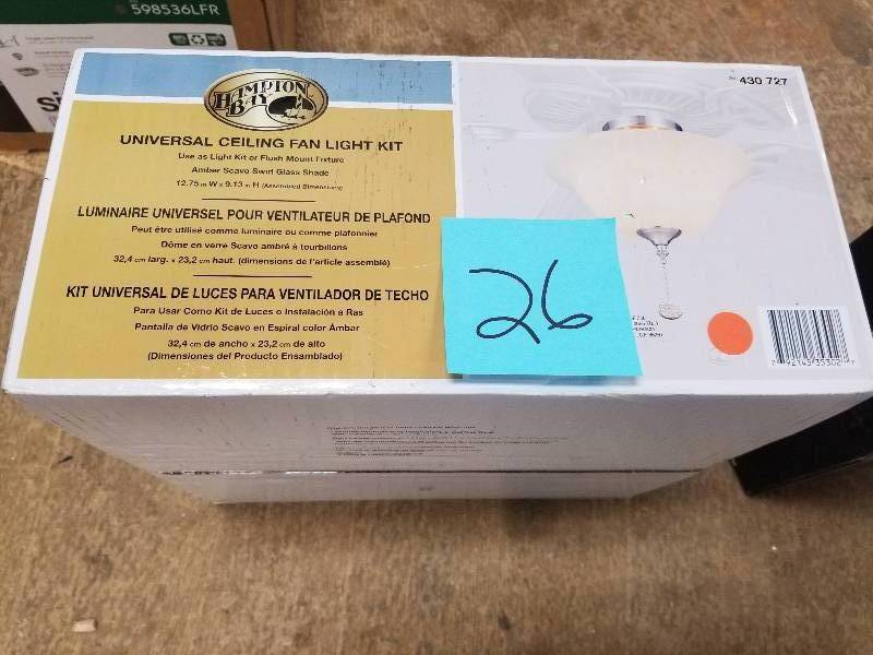 lot 26 image: Hampton Bay 13 2-Light Universal Ceiling Fan Lighting Kit Brushed Nickel-OB in good conditions