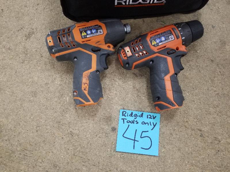 lot 45 image: Ridgid 12-Volt Lithium-Ion Cordless DrillDriver and Impact Driver Combo tools only and Bag  Used in good working cond