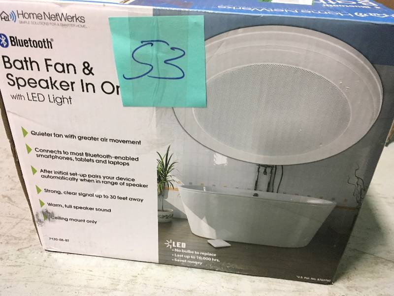 lot 53 image: Decorative White 70 CFM Bluetooth Stereo Speaker Exhaust Bathroom Exhaust Fan with LED Light in good conditions