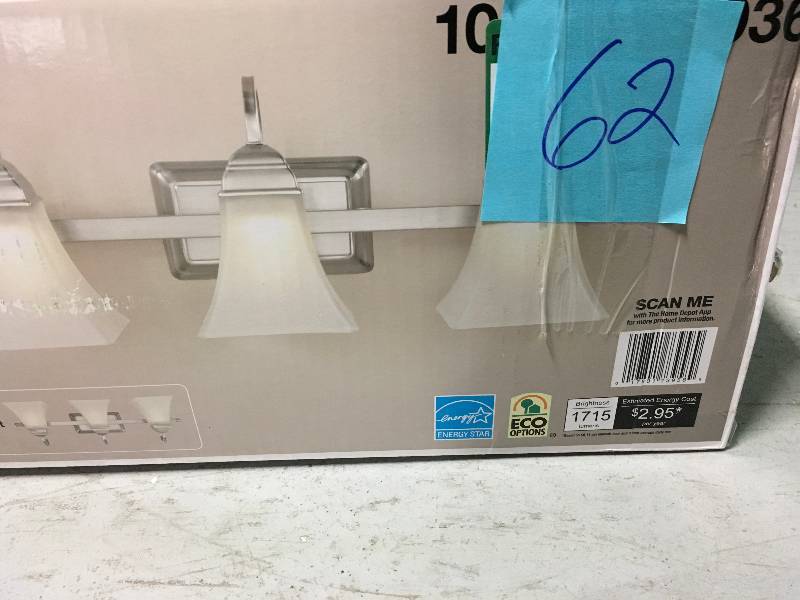 lot 62 image: Hampton Bay 3 Light LED Vanity Fixture - Brushed Nickel in good conditions