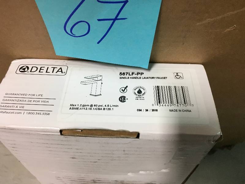 lot 67 image: Delta Modern Single-Handle Bathroom Faucet with Drain Assembly, Chrome 567LF-PP not used